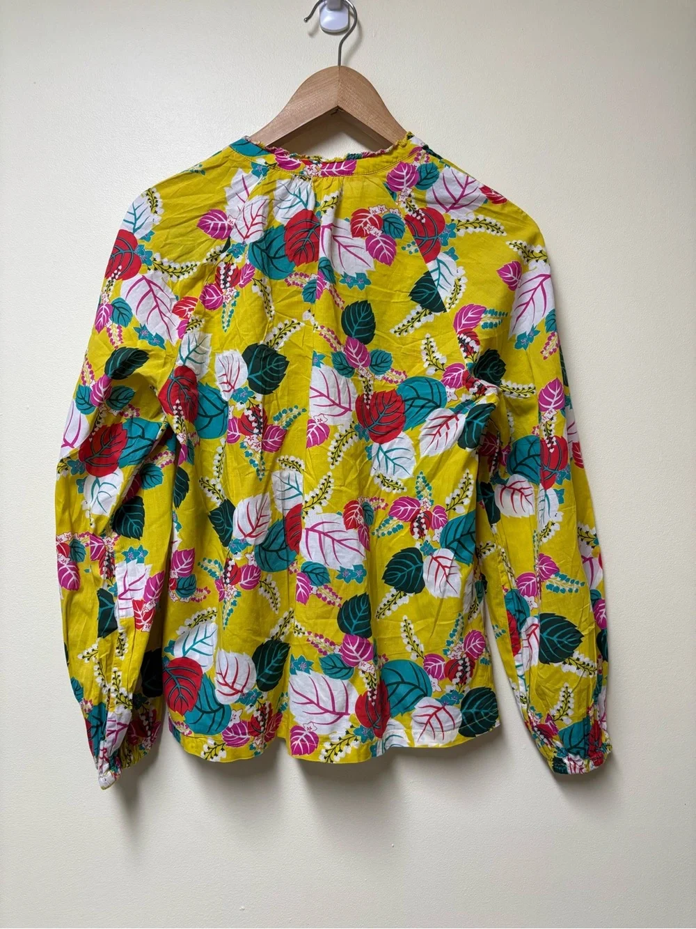 BODEN Heather Yellow Floral Leaf Ruffle V Neck Puff Sleeve Cotton Top - Size 6